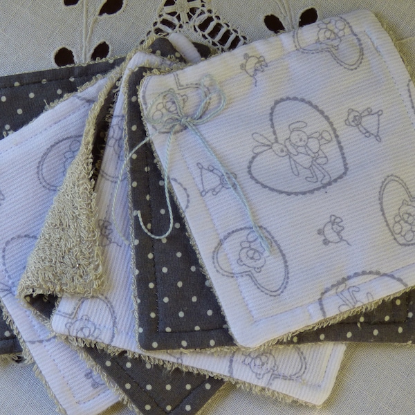 Lot de 6 lingettes thème enfants tons blanc-gris