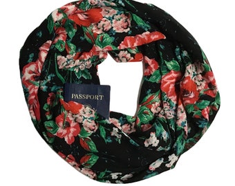 Secret Pocket Infinity Scarf - Floral on Black - Hidden Pocket Travel Scarf - Very Lightweight Breathable Red Pink Flowers Passport Scarf