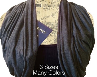 Shrug Scarf Secret Pocket Mobius Jersey Knit Scarf - Many Colors, 4 Sizes - Hidden Pocket Jersey Infinity Shrug Vest Travel Passport Holster