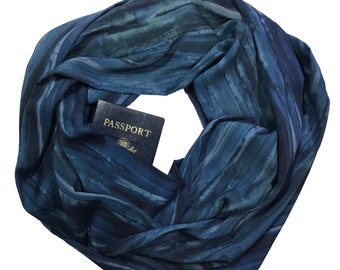 Ocean Blues Greens Secret Pocket Infinity Scarf; Hidden Zipper Pocket Travel Passport Scarf; Lightweight Breathable Batik; Cool to the Touch