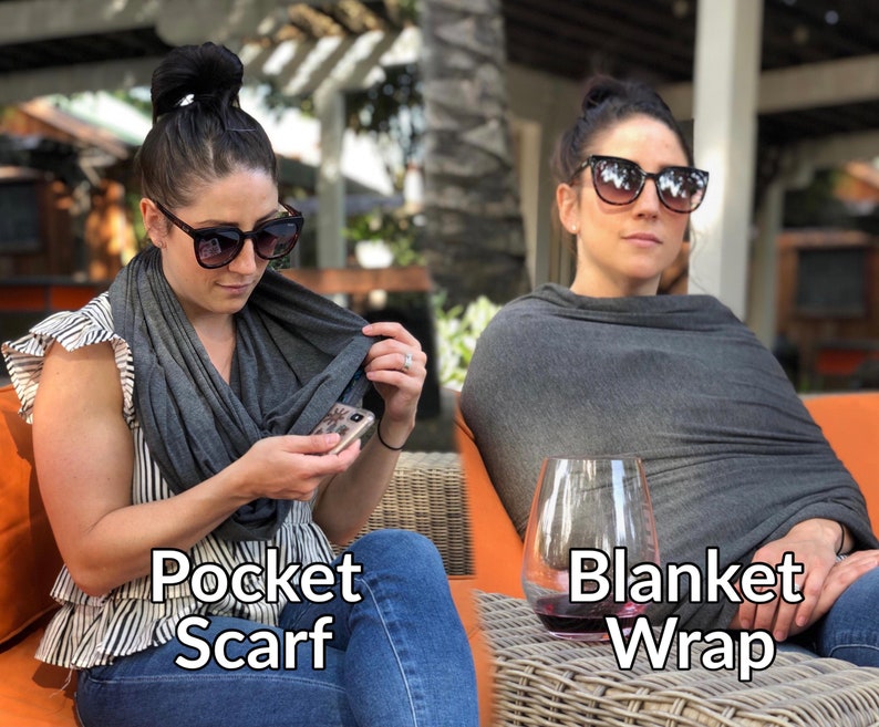 Travel Scarf with Zipper Pocket - Infinity Scarf Blanket Wrap, Jersey Knit, Custom Sizes for Women
