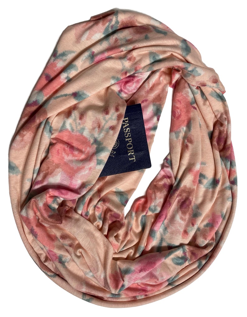 Secret Pocket Infinity Scarf Passport Scarf Hidden Pocket Travel Scarf Lightweight Jersey, Breathable, Spring Pastel Florals on Peach image 3