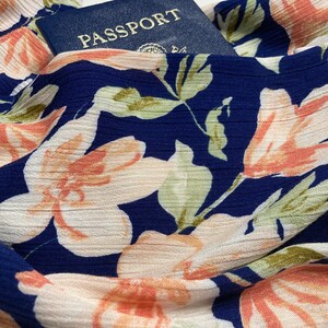 Secret Pocket Infinity Floral Scarf Hidden Pocket Travel Scarf Very Lightweight Breathable Peach Coral Flowers on Navy Blue Passport Scarf image 3