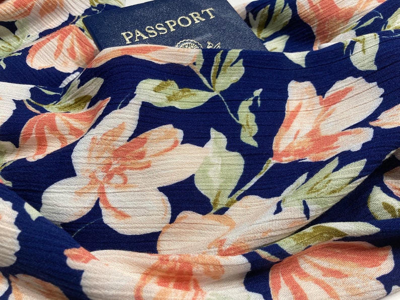 Secret Pocket Infinity Floral Scarf Hidden Pocket Travel Scarf Very Lightweight Breathable Peach Coral Flowers on Navy Blue Passport Scarf image 3