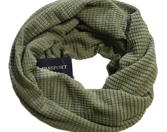 Secret Pocket Infinity Scarf - Oversized Chunky Sage Green Medium Weight Sweater - Hidden Pocket Travel Scarf - Waffle Knit Winter Scarf