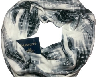 Secret Pocket Infinity Scarf, Shibori Tie Dye Hidden Pocket Travel Scarf, Very Lightweight Pocket Scarf, Breathable, Gray Black White