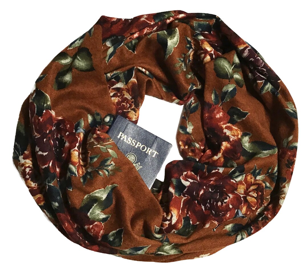 Autumn Florals Secret Pocket Infinity Scarf, Hidden Zipper Pocket