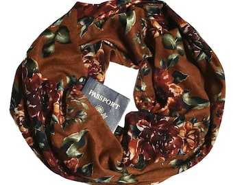 Autumn Florals Secret Pocket Infinity Scarf, Hidden Zipper Pocket Travel Scarf - Light-Mediumweight, Fall Colors on Rust Sweater Scarf