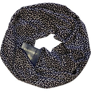 Black and White Leaf Infinity Scarf with Hidden Zipper Pocket