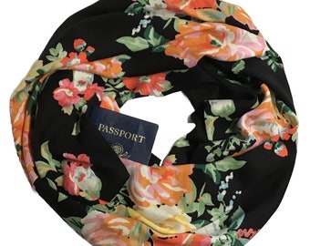 Secret Pocket Infinity Floral Scarf; Hidden Pocket Travel Scarf; Very Lightweight Breathable Yellow Red Pink Flowers on Black Passport Scarf