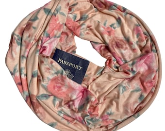 Secret Pocket Infinity Scarf - Passport Scarf - Hidden Pocket Travel Scarf - Lightweight Jersey, Breathable, Spring Pastel Florals on Peach