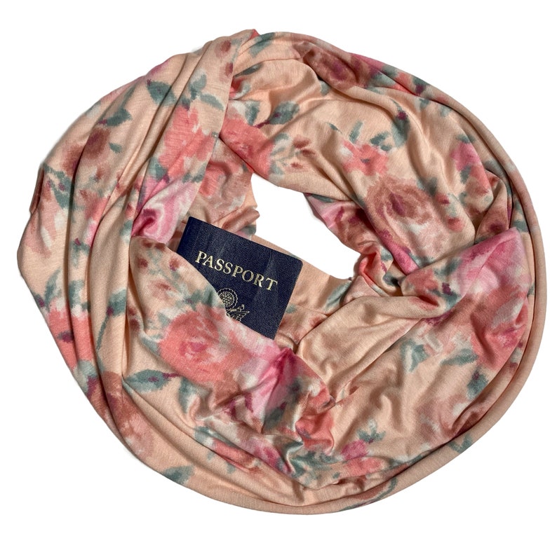 Secret Pocket Infinity Scarf Passport Scarf Hidden Pocket Travel Scarf Lightweight Jersey, Breathable, Spring Pastel Florals on Peach image 1