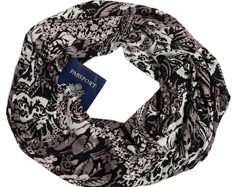 Secret Pocket Infinity Scarf - Passport Scarf - Hidden Pocket Travel Scarf - Lightweight Breathable Soft Black White Lavender Gray Damask