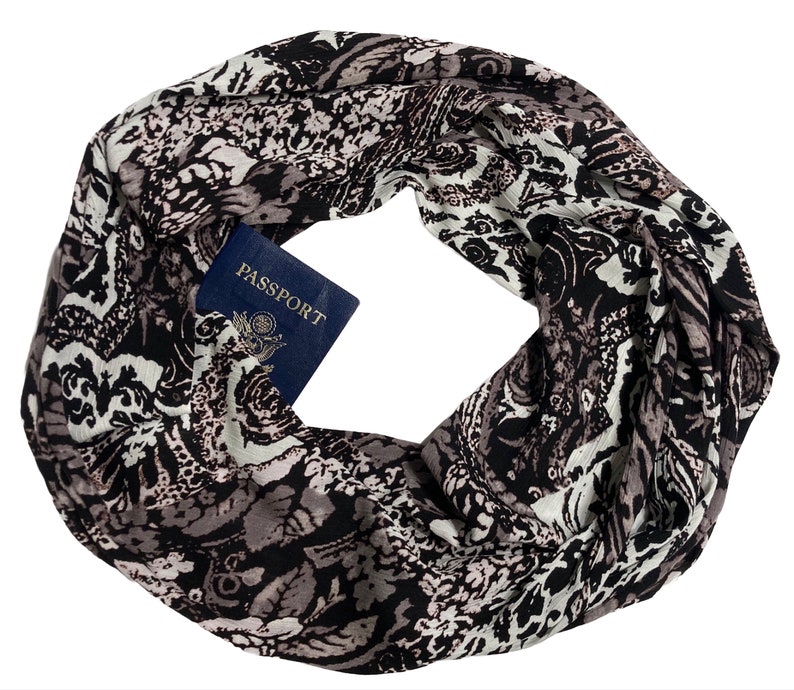 Secret Pocket Infinity Scarf Passport Scarf Hidden Pocket Travel Scarf Lightweight Breathable Soft Black White Lavender Gray Damask image 1