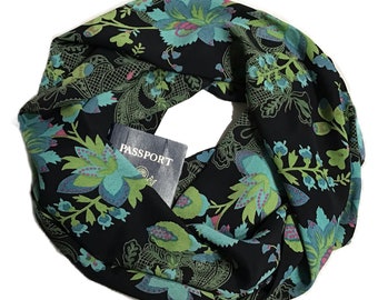 Secret Pocket Infinity Midnight Floral Scarf; Hidden Zipper Pocket Travel Scarf; Lightweight Breathable Blue Green Pink Flowers on Black