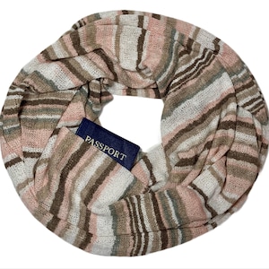 Secret Pocket Infinity Scarf, Hidden Zipper Pocket Travel Scarf, Stripe Lightweight Knit Loose Weave Sweater Pink Taupe Tan Gray Ivory Brown