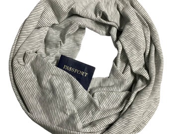 All Cotton Sweater Knit XLong Secret Pocket Scarf, Gray White Mini Stripes, Pocket Travel Scarf, Light-Medium Weight Textured Cotton Knit