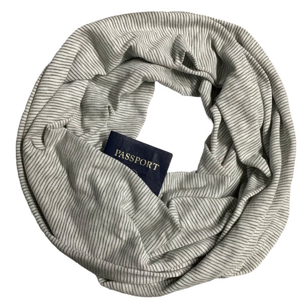 All Cotton Knit XLong Secret Pocket Scarf, White Gray Mini Stripes, Zipper Pocket Travel Scarf, Light-Medium Weight Textured Cotton Knit