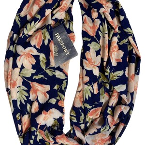 Secret Pocket Infinity Floral Scarf Hidden Pocket Travel Scarf Very Lightweight Breathable Peach Coral Flowers on Navy Blue Passport Scarf image 2