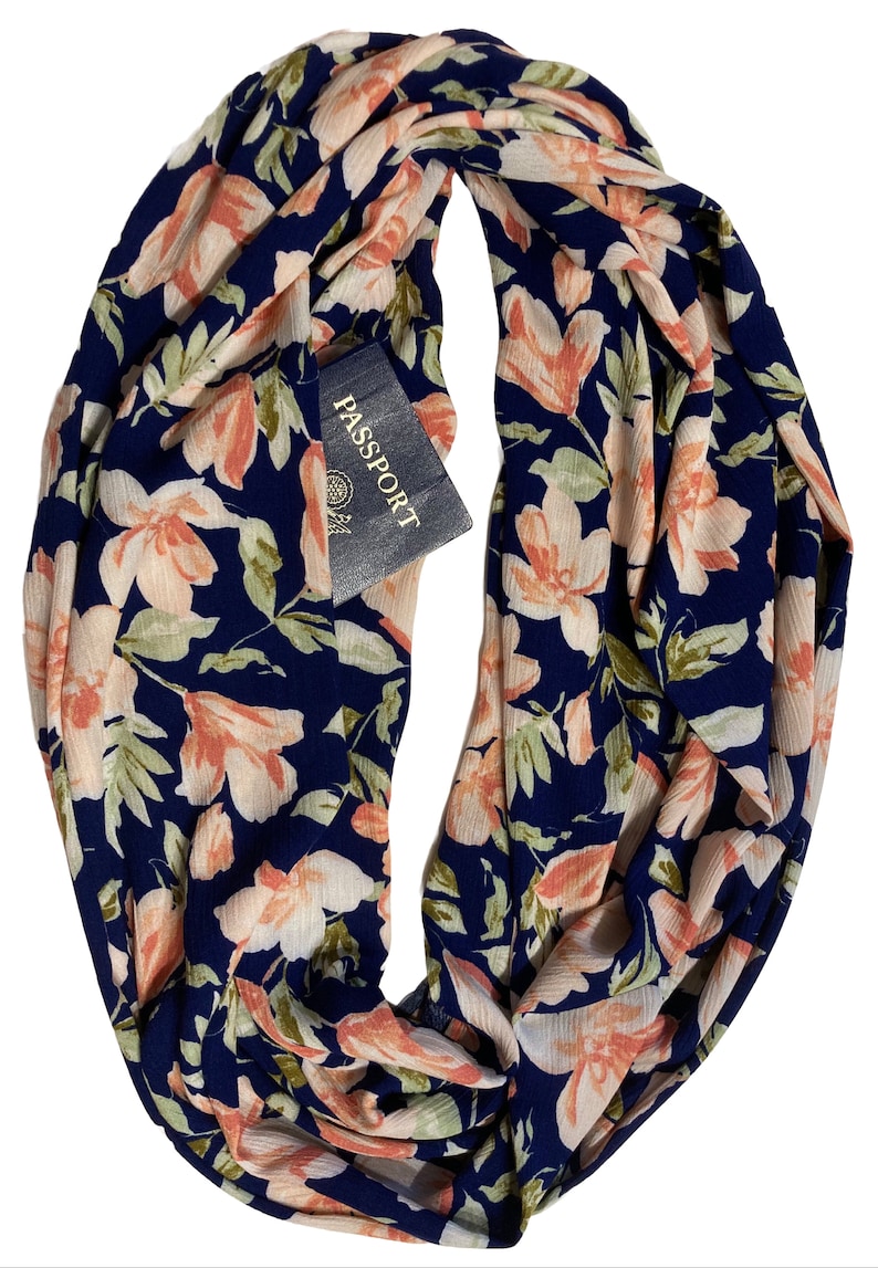 Secret Pocket Infinity Floral Scarf Hidden Pocket Travel Scarf Very Lightweight Breathable Peach Coral Flowers on Navy Blue Passport Scarf image 2
