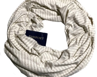 Secret Zipper Pocket Infinity Scarf - Oatmeal Stripe - Soft Breathable Fabric - Hidden Pocket Travel Scarf - Passport Scarf - Cream Oatmeal