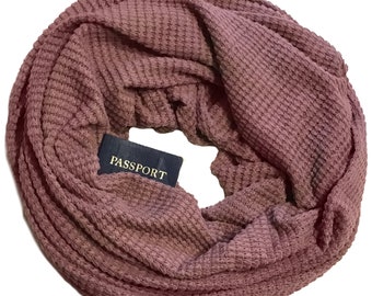 Secret Pocket Infinity Scarf - Chunky Oversized Mauve Medium Weight Sweater - Hidden Pocket Travel Scarf - Waffle Knit Mauve Winter Scarf