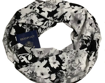 Black White Floral Secret Pocket Infinity Scarf - Hidden Zipper Pocket Travel Scarf - Lightweight Breathable Neutral Colors Passport Scarf