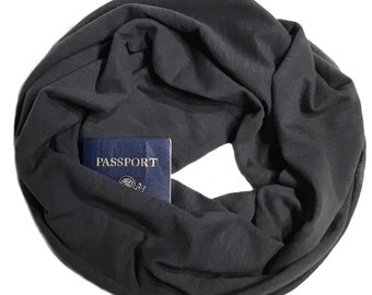 Unisex Cotton Knit Secret Pocket Scarf - Dark Gray Knit Pocket Scarf - Hidden Pocket Travel Scarf - Light Mediumweight Scarf - Men or Women
