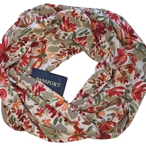 Floral Infinity Scarf with Secret Pocket: Very Lightweight Breathable Travel Passport Scarf