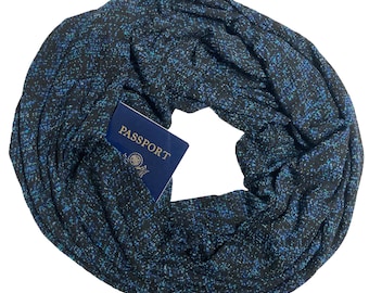 Secret Pocket Scarf - Black Blues Greens Knit - Hidden Zipper Pocket Passport Travel Scarf - Soft Breathable Textured Confetti Double Knit