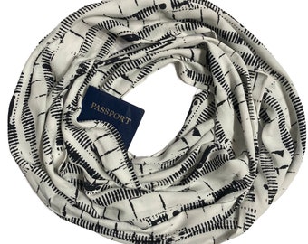 XLong Secret Pocket Infinity Scarf - Black Ivory Abstract - Hidden Pocket Travel Scarf - Breathable Fabric Flowing Lightweight Abstract