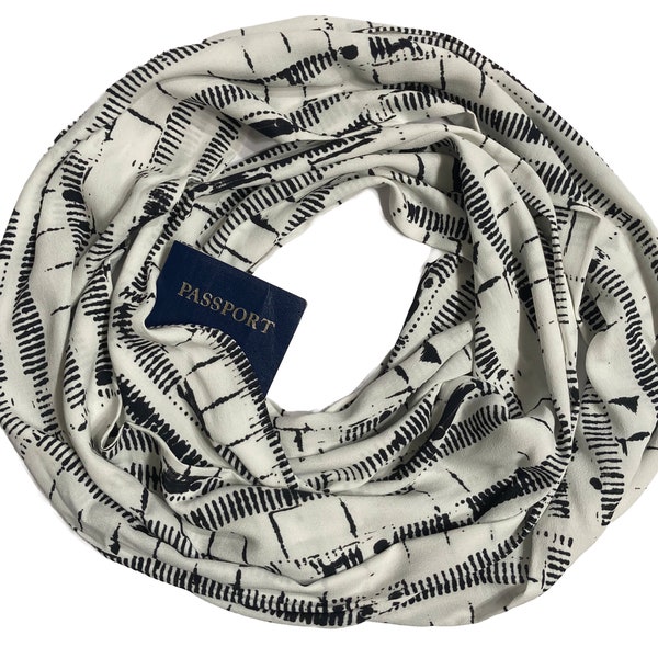 XLong Secret Pocket Infinity Scarf - Black Ivory Abstract - Hidden Pocket Travel Scarf - Breathable Fabric Flowing Lightweight Abstract