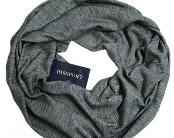 Cotton Rib Knit Secret Pocket Scarf - Denim Black Striated Textured Knit Passport Scarf - Men’s Women’s Light Midweight Travel Scarf