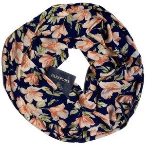 Secret Pocket Infinity Floral Scarf Hidden Pocket Travel Scarf Very Lightweight Breathable Peach Coral Flowers on Navy Blue Passport Scarf image 1