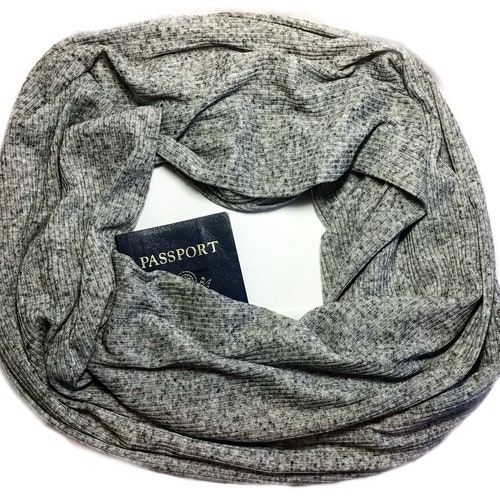 Secret Pocket Infinity Scarf - Gray Lightweight Sweater Knit - Hidden Pocket Travel Scarf - Light Gray Black Flecks Knit - Neutral Colors