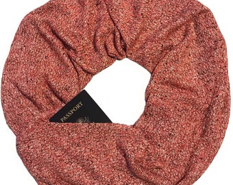 Secret Pocket Scarf Lightweight Knit Textured Hidden Pocket Travel Scarf Heather Coral Red Black White Loose Weave Sweater Knit -Celebration