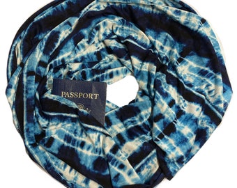 Secret Pocket Infinity Scarf, Shades of Blue Jersey Knit Shibori Tie Dye Hidden Pocket Travel Scarf, Lightweight Pocket Scarf, Breathable