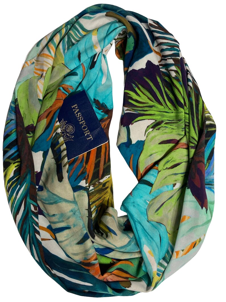 Secret Pocket Infinity Tropical Large Leaf Scarf Hidden Zipper Pocket Travel Scarf Lightweight Breathable Blue Green Purple Teal Orange image 2