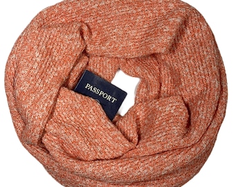 Orange Cotton Knit Infinity Scarf: Secret Zipper Pocket Travel Scarf