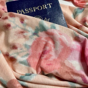 Secret Pocket Infinity Scarf Passport Scarf Hidden Pocket Travel Scarf Lightweight Jersey, Breathable, Spring Pastel Florals on Peach image 2