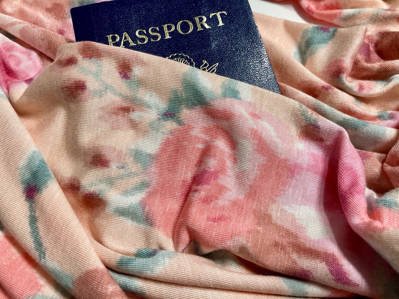 Secret Pocket Infinity Scarf Passport Scarf Hidden Pocket Travel Scarf Lightweight Jersey, Breathable, Spring Pastel Florals on Peach image 2