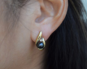 6.5X6mm Japanese Akoya Black Pearl Earrings with Diamond - 14K Yellow Gold