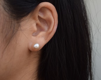 Peachy Pink Round Freshwater Pearl Studs in 14K Yellow Gold - Birthday, Anniversary, Graduation or any Special Occassion