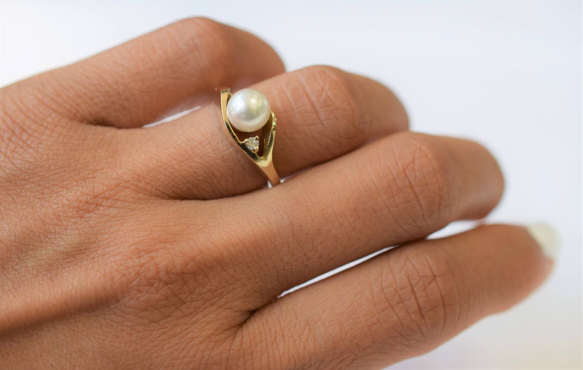 Engagement Ring - Japanese Akoya Pearl Ring in 14K Yellow Gold ...