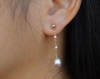 Pink Freshwater Drop Pearl Earrings - 14K Yellow Gold