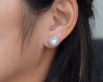 土日のみ特別価格⭐︎Ameri PEARL STUDS SUSPENDER Japanese akoya pearl ear studs earrings 18K Solid Gold 7.5