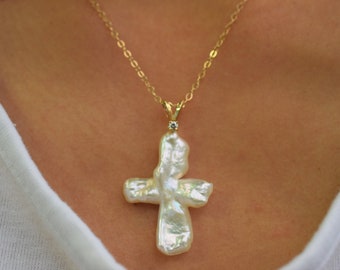 Cross Shaped Freshwater Pearl Pendant with Diamond