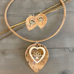 Custom Cork Leather Lotus Necklace & Earring Set, Vegan Leather Leaf Choker