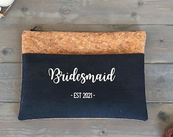 Personalised Bridesmaid Gift Makeup Bag, Eco Friendly Cork Leather Vegan Makeup Pouch, Bridal Party Gifts