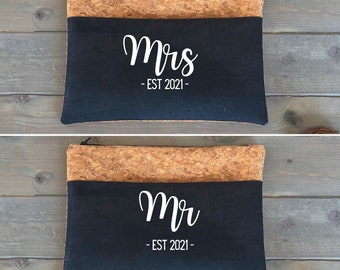 Custom Honeymoon Mr & Mrs Est Wash Bag, Toiletry Travel Bag, Personalised Cork Leather Gift for Newlyweds